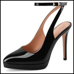 Stiletto Platform Pumps Patent Leather Ankle Strap Slingback Office Elegant
